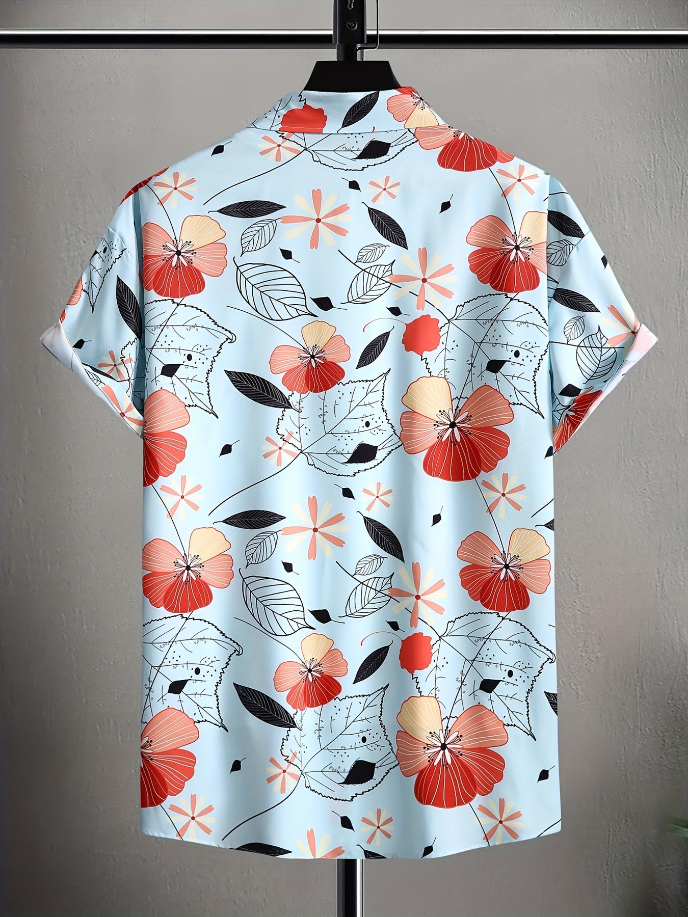 Men's Floral & Leaf Print Camp Collar Bowling Shirt