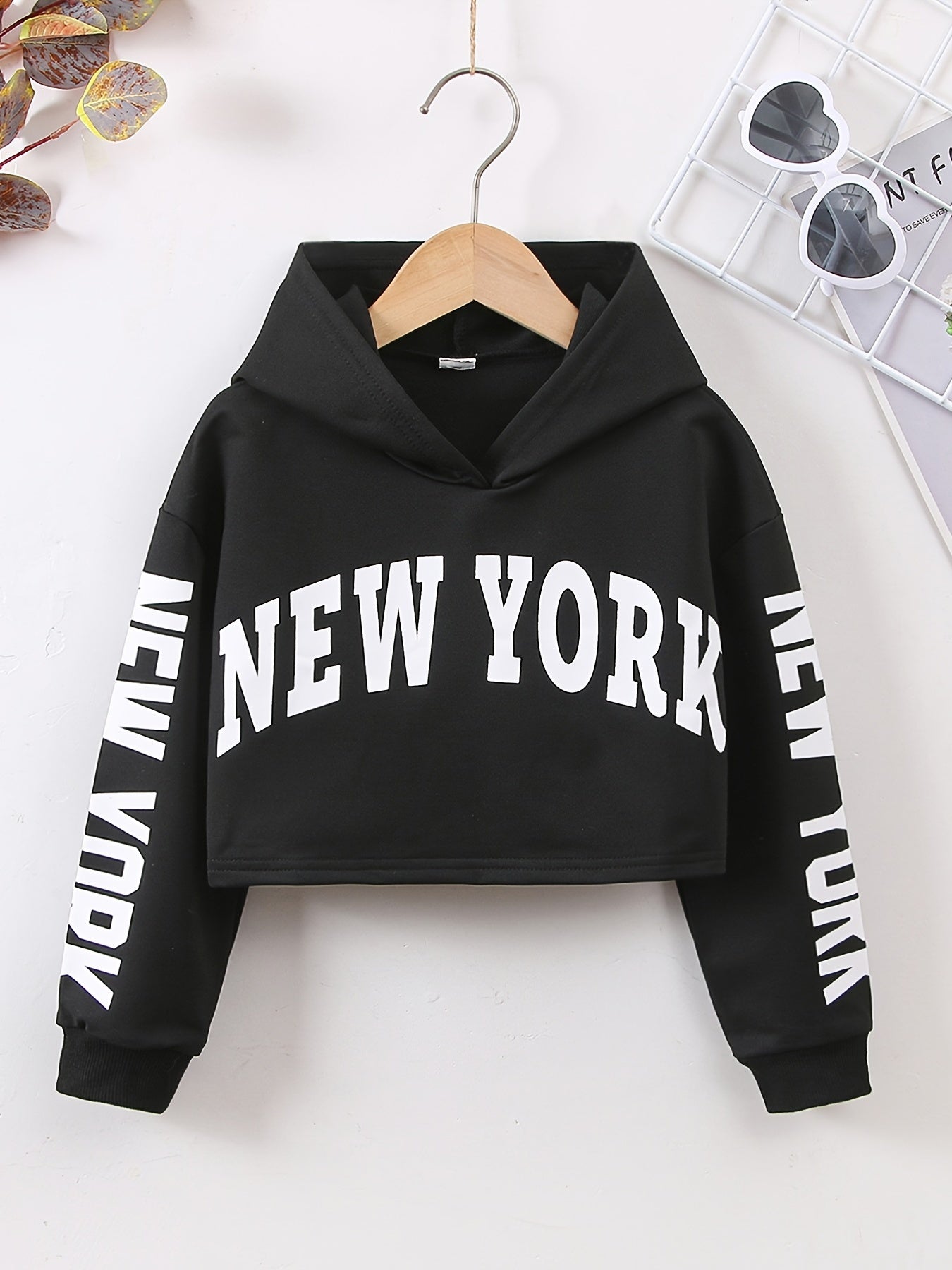 Girls Crop Hoodie Letter Print Pullover Sweatshirt Kids Clothes