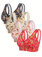 4pcs Wireless Floral Print Front Buckle Bras Women's Lingerie