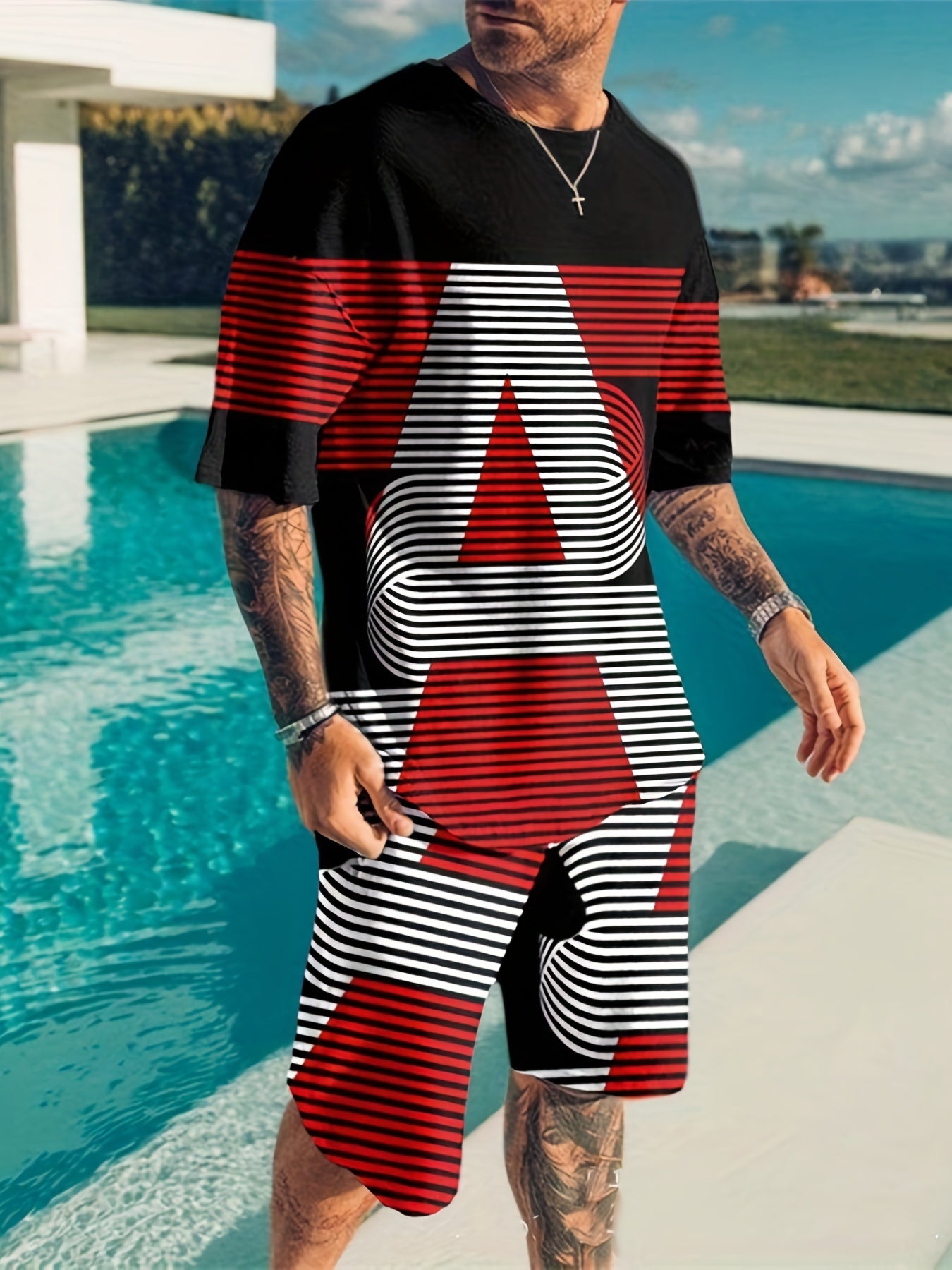 Letter And Stripe Print Mens 2 Piece Outfits T-shirt And Shorts Set