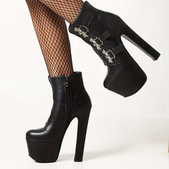 Women's High Heel Side Zipper Short Boots with Buckle Decor