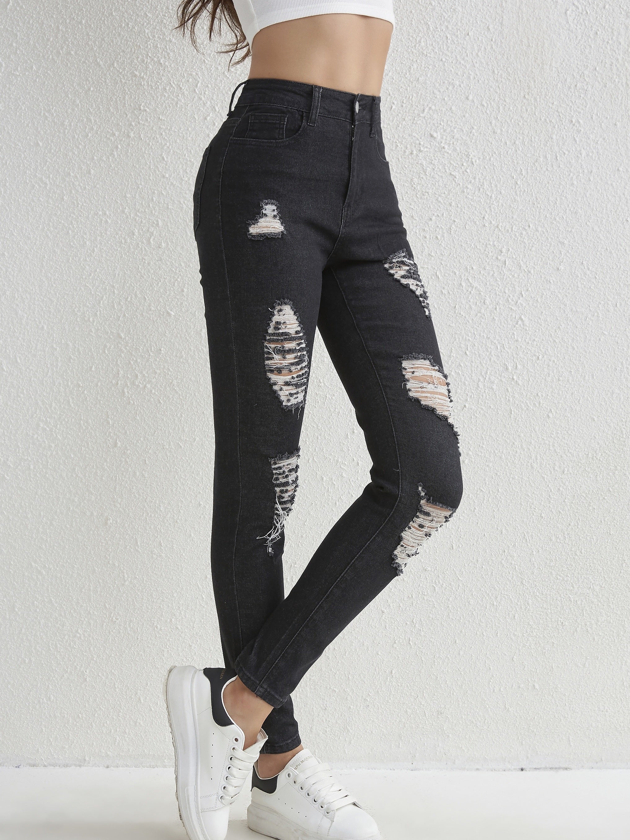 Ripped Holes Skinny Jeans Slim Fit Slash Pockets High Stretch Casual Denim Pants