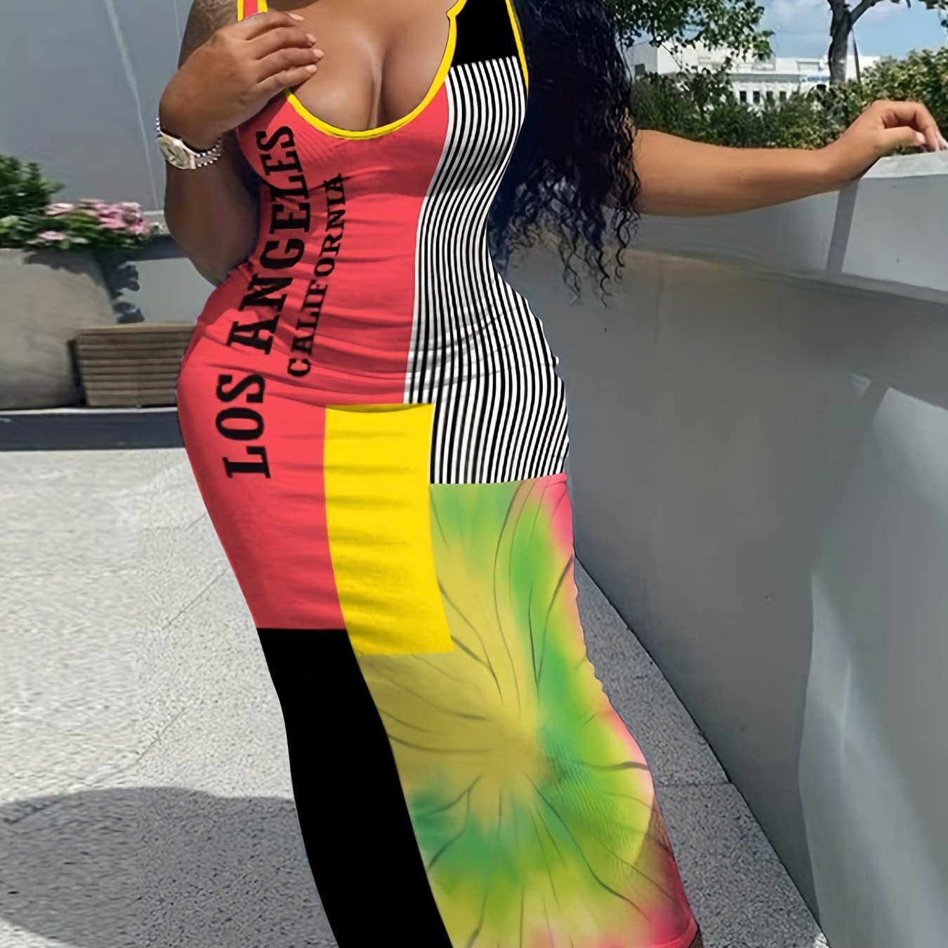 Colorblock Notched Neck Maxi Tank Dress