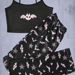 Cartoon Bat Print Pajama Set for Women