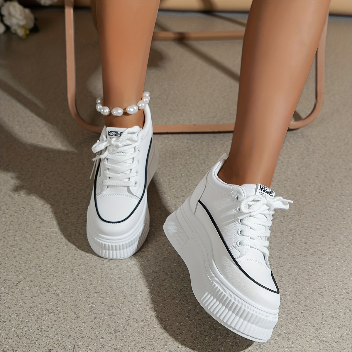 Women's Side Zipper Sneakers Lace Up Low Thick Sole Flat Shoes