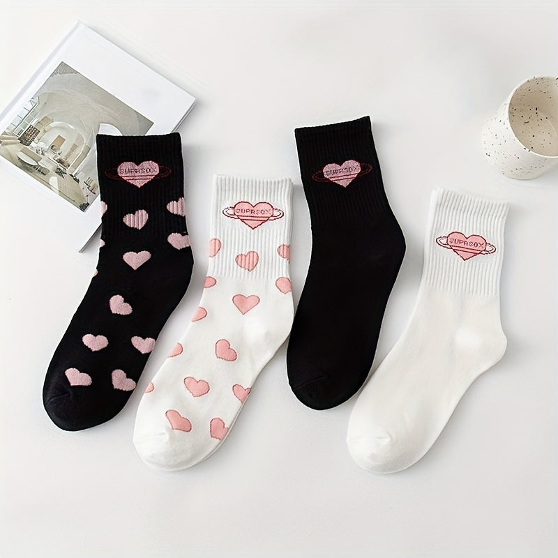 4 Pairs Heart Pattern Socks Comfy & Breathable Mid Tube Socks