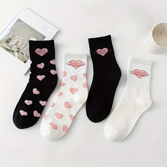 4 Pairs Heart Pattern Socks Comfy & Breathable Mid Tube Socks