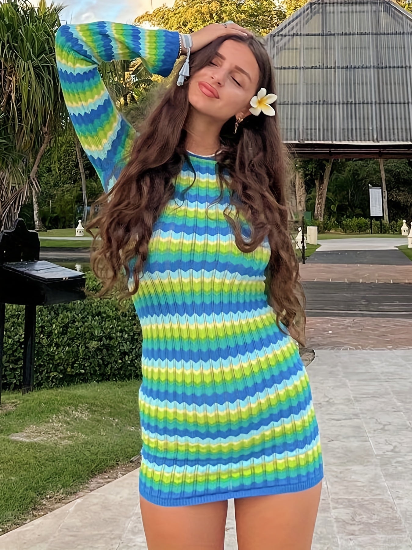 Chevron Backless Bodycon Dress Y2K Sexy Long Sleeve Dress