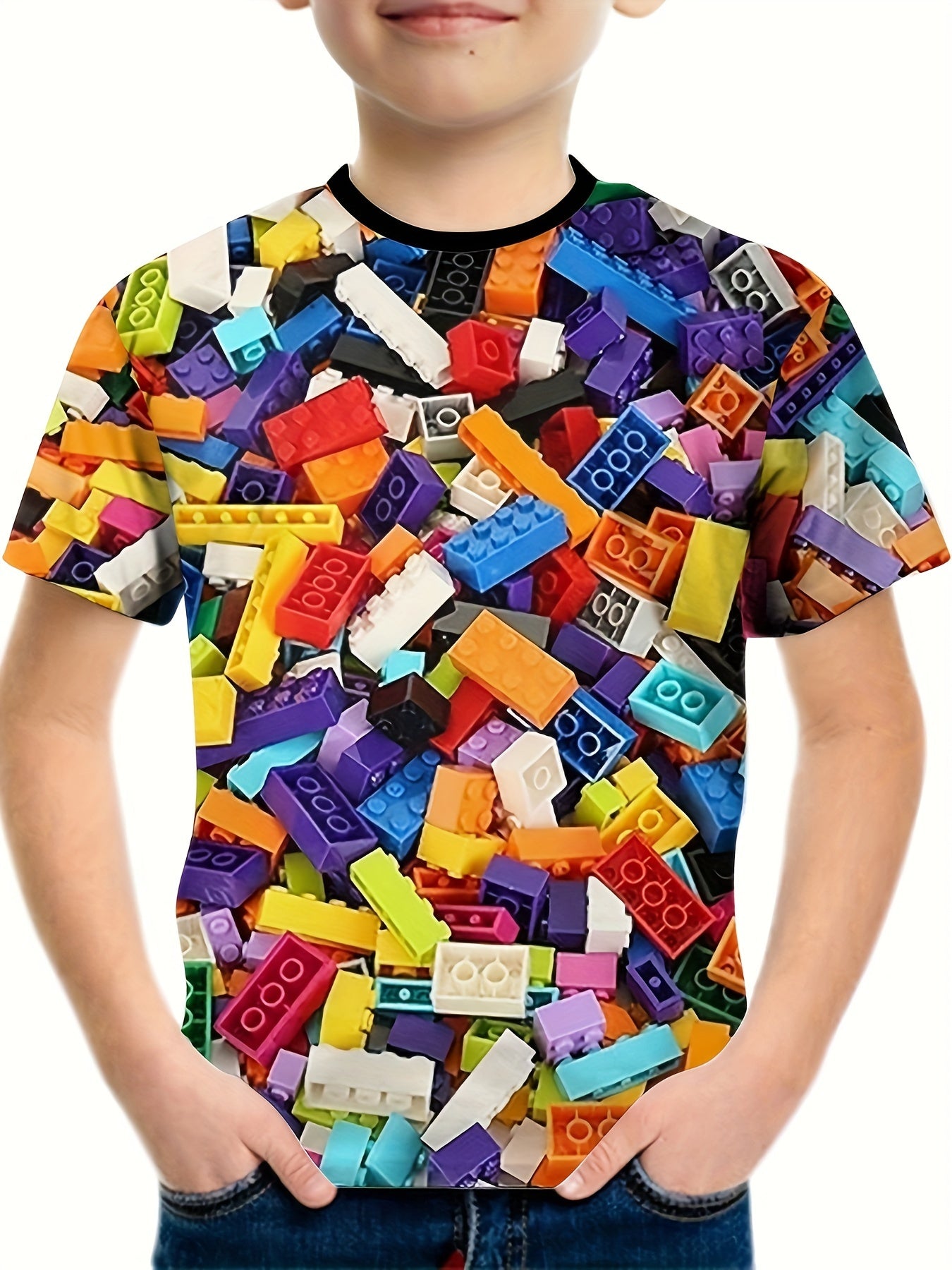 Colorful Building Block 3D Print Boy's T-shirt Round Neck Casual Top