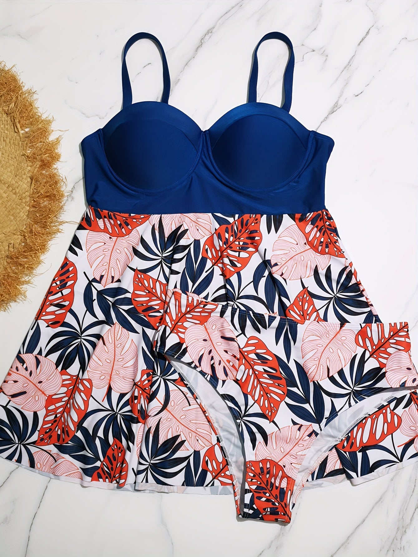 Contrast Leaf Print Tankini Set