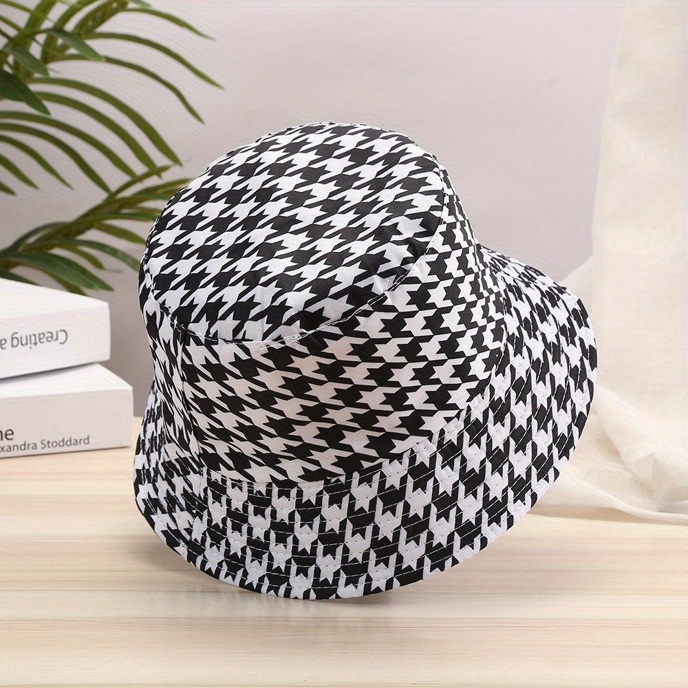 Houndstooth Print Reversible Bucket Hat Lightweight Fisherman Cap