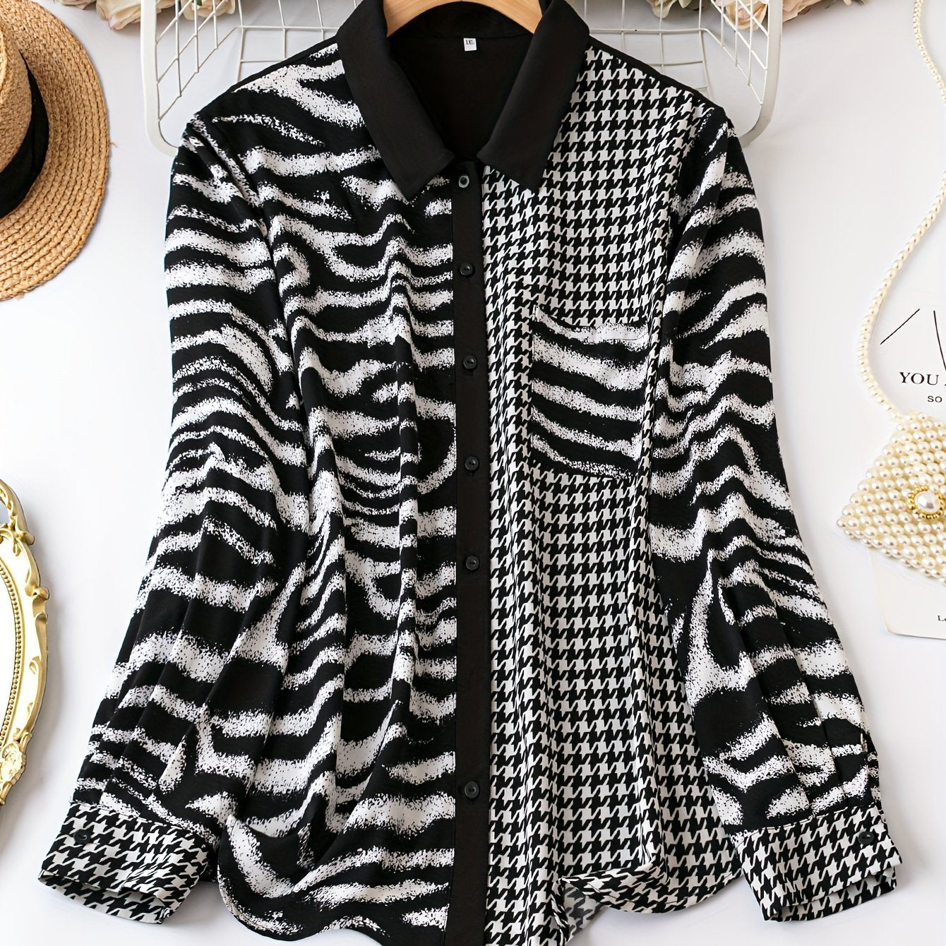 Colorblock Stripe & Houndstooth Button Up Blouse
