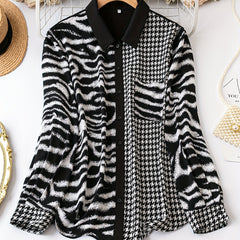 Colorblock Stripe & Houndstooth Button Up Blouse