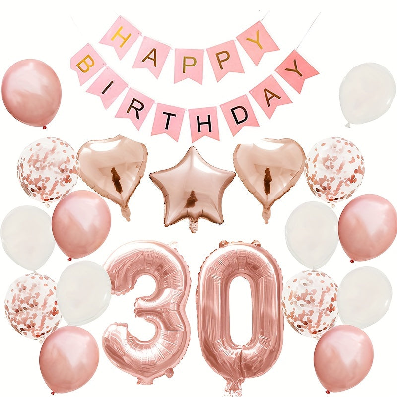 Rose Golden Birthday Balloons Set with Pull Flag
