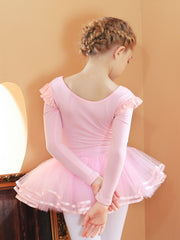 Cotton Girls Flutter Trim Long Sleeve Ballet Leotard Dress
