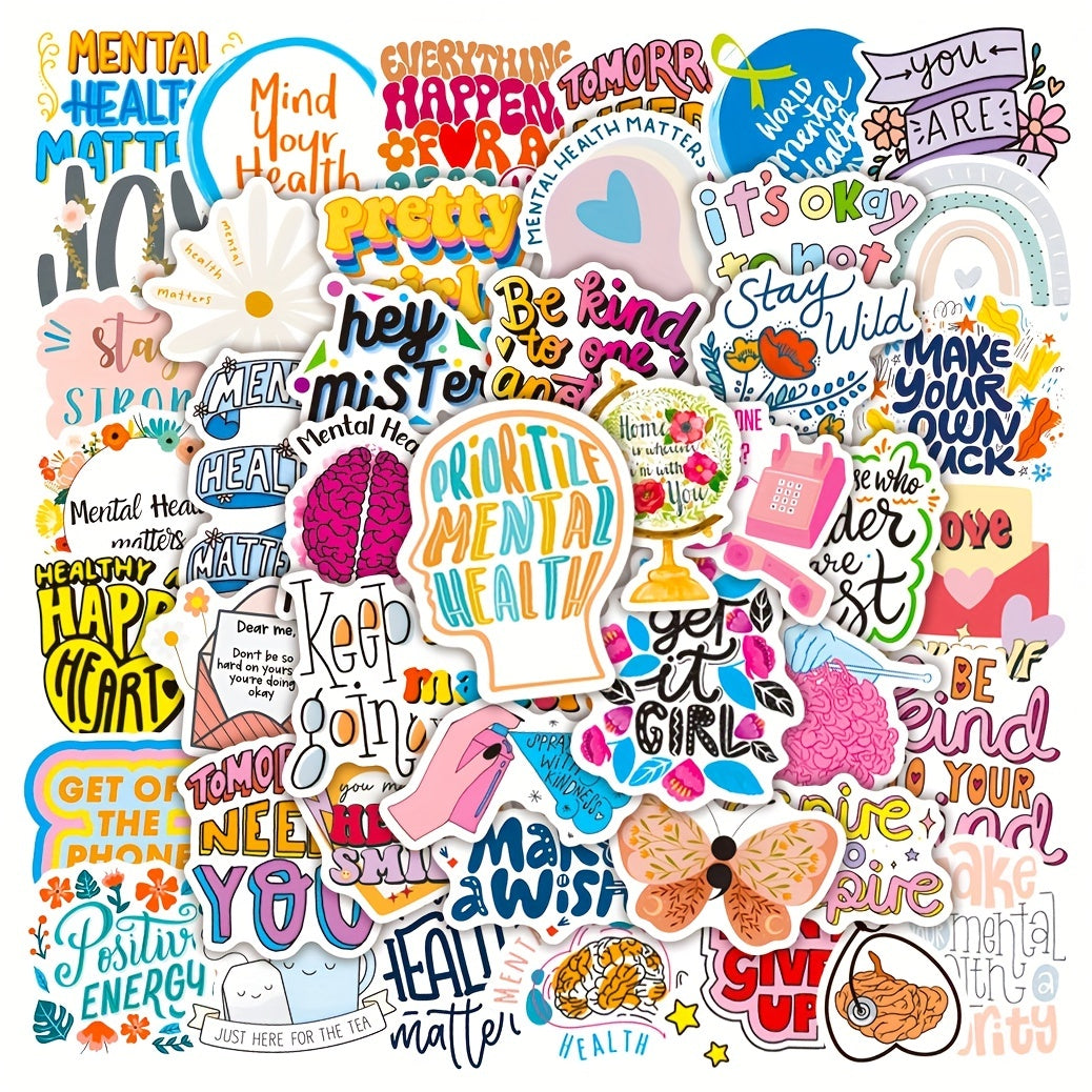 Set of 50 Mental Health Inspired English Stickers for Laptop Car Wallet & More