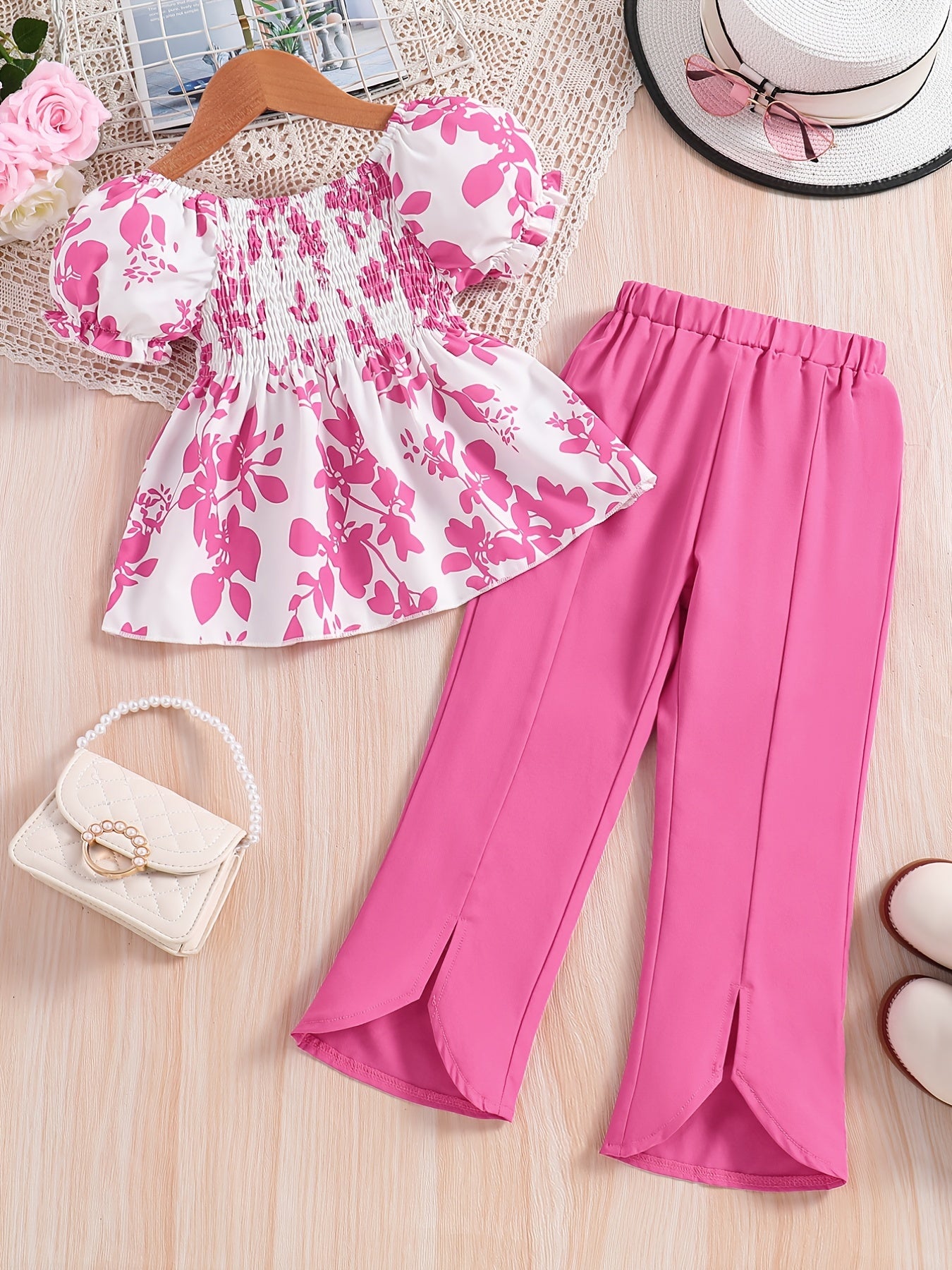 Girls Floral Print Shirred Shirt & Flared Pants Set