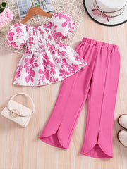 Girls Floral Print Shirred Shirt & Flared Pants Set