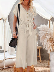 Wide Leg Belted Jumpsuit Short Sleeve Casual Button Pocket