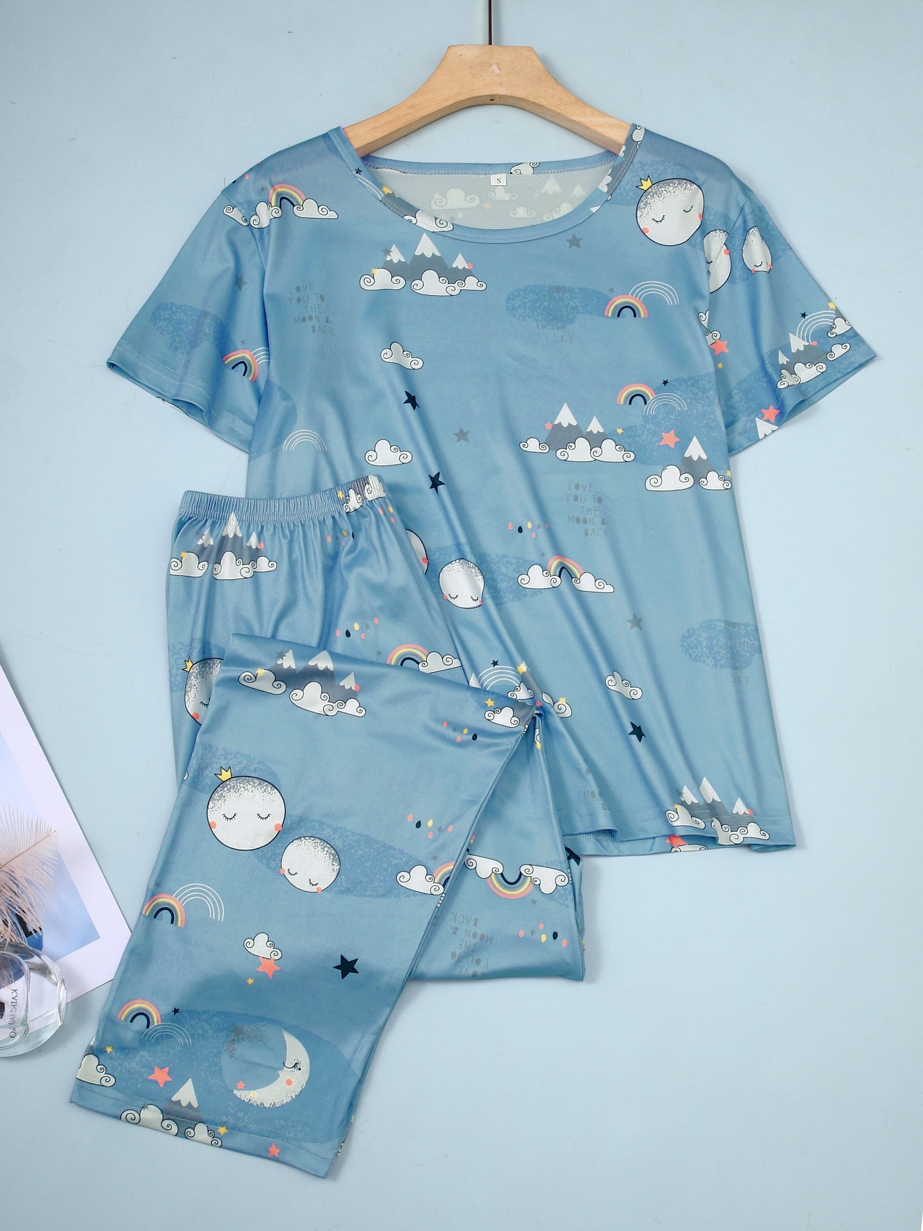 Rainbow & Moon Print Pajama Set Short Sleeve Top & Pants
