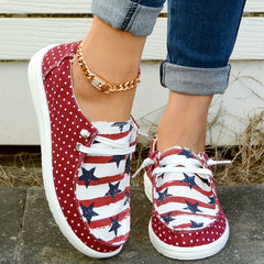 Polka Dot & American Flag Boat Shoes Lace Up Walking Shoes Round Toe Sneakers