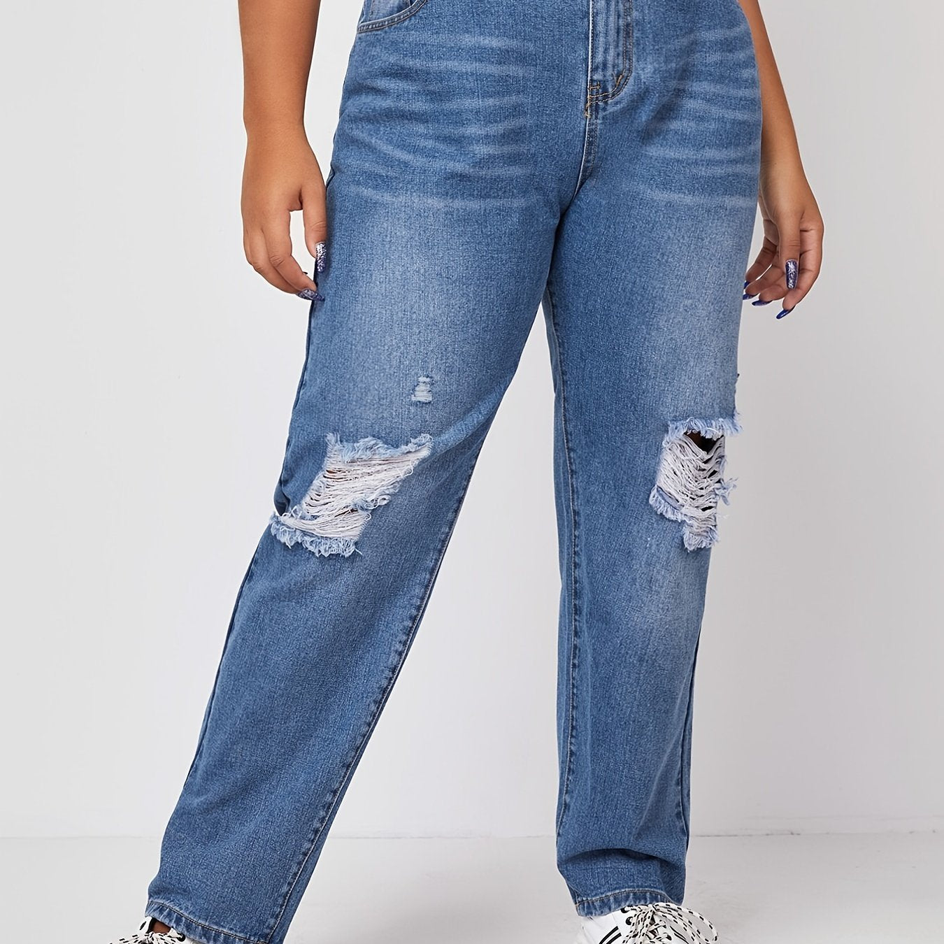 High Rise Ripped Straight Leg Jeans Women's Plus