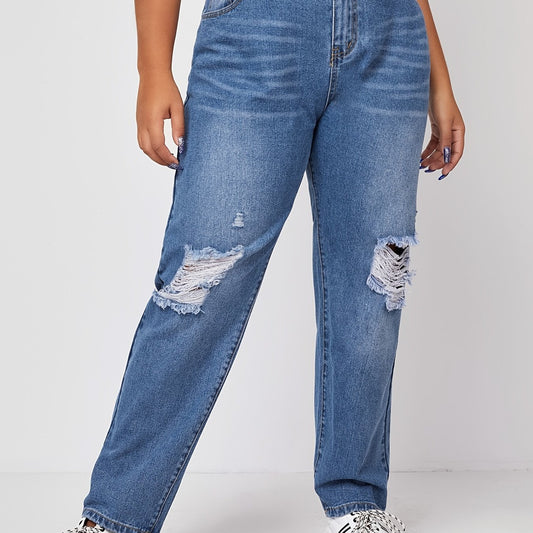 High Rise Ripped Straight Leg Jeans Women's Plus