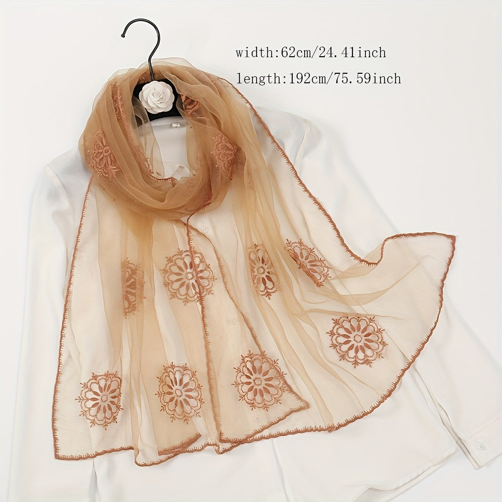Breathable Organza Scarf Flower Embroidery Shawl Head Wrap Sunscreen