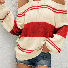 Colorblock Stripe Print Cold Shoulder Sweater