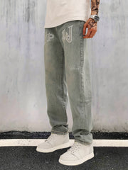 Men's Loose Fit Letter Print Jeans Casual Street Style Denim Pants