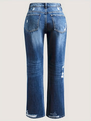 Women's Plus Washed Button Fly Ripped High Rise Wide Leg Jeans