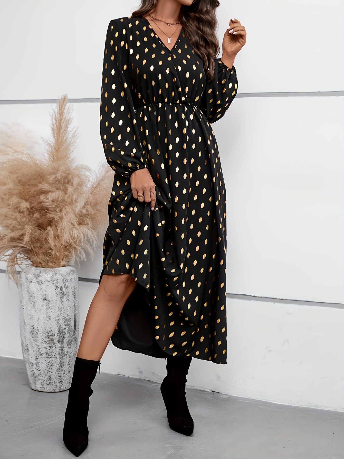 Golden Dot Print Lantern Sleeve V Neck Maxi Dress
