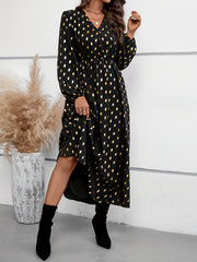 Golden Dot Print Lantern Sleeve V Neck Maxi Dress