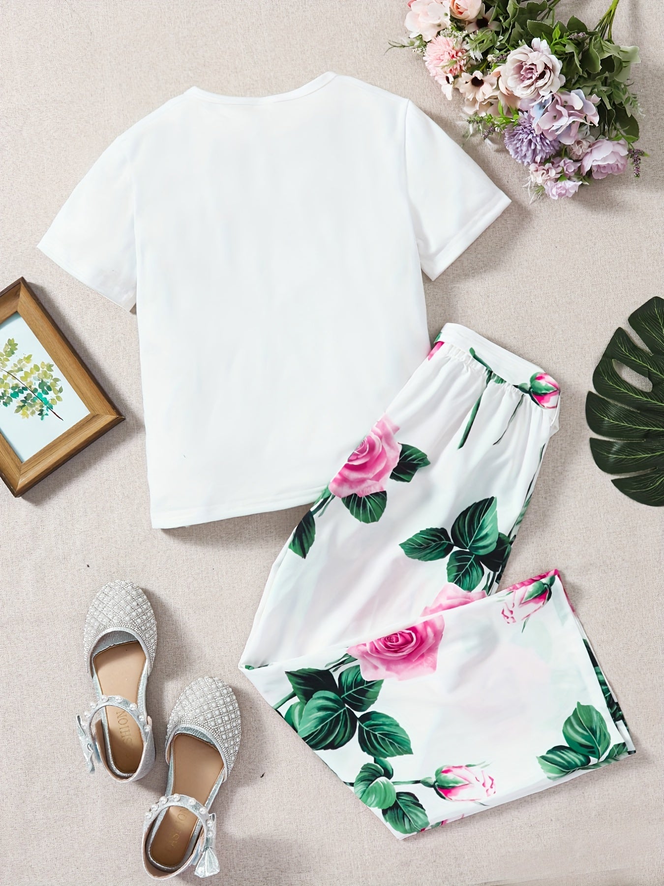 Girls Floral Print T-Shirt & Trousers Set with Belt