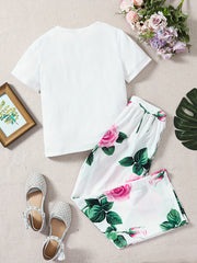 Girls Floral Print T-Shirt & Trousers Set with Belt