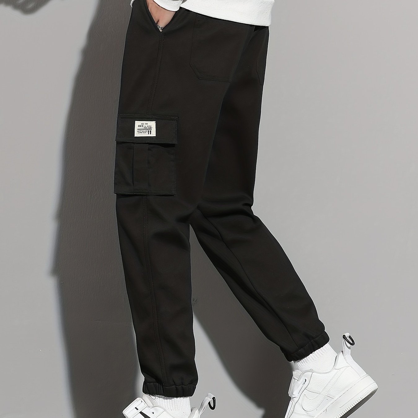 Solid Cargo Pants Men's Flap Pocket Trousers