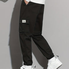 Solid Cargo Pants Men's Flap Pocket Trousers