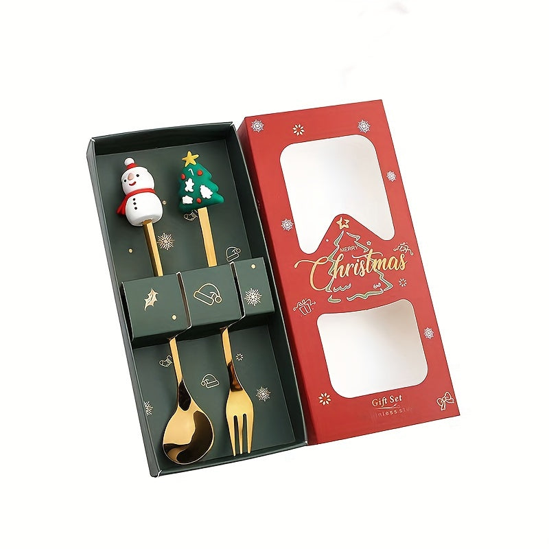 Christmas Coffee Spoon And Fork Set - Tree Santa Claus Stainless Steel