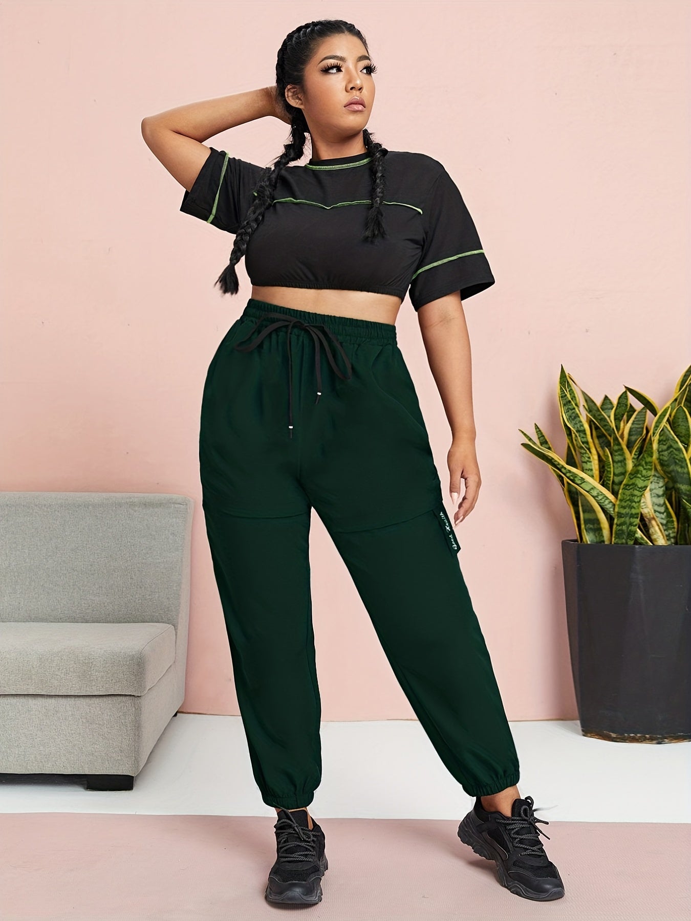 Solid Elastic Waist Cargo Joggers Cropped Pants