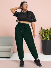 Solid Elastic Waist Cargo Joggers Cropped Pants