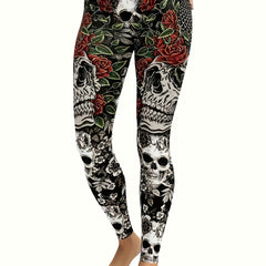 Floral Skull Print High Rise Leggings