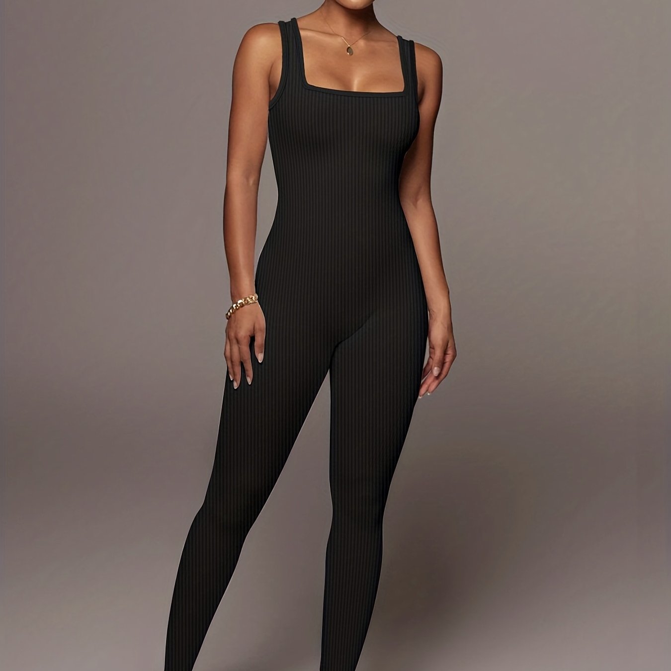 Ribbed Square Neck Jumpsuit Sexy Sleeveless Jumpsuit