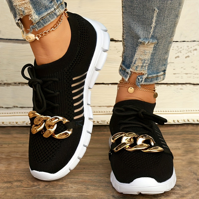 Women's Knit Sports Shoes with Metallic Chain Decor