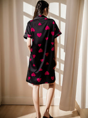 Heart Print Satin Nightdress Short Sleeve Button Sleep Dress