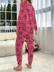 Heart Print Pajama Set Long Sleeve Crew Neck Top & Pants