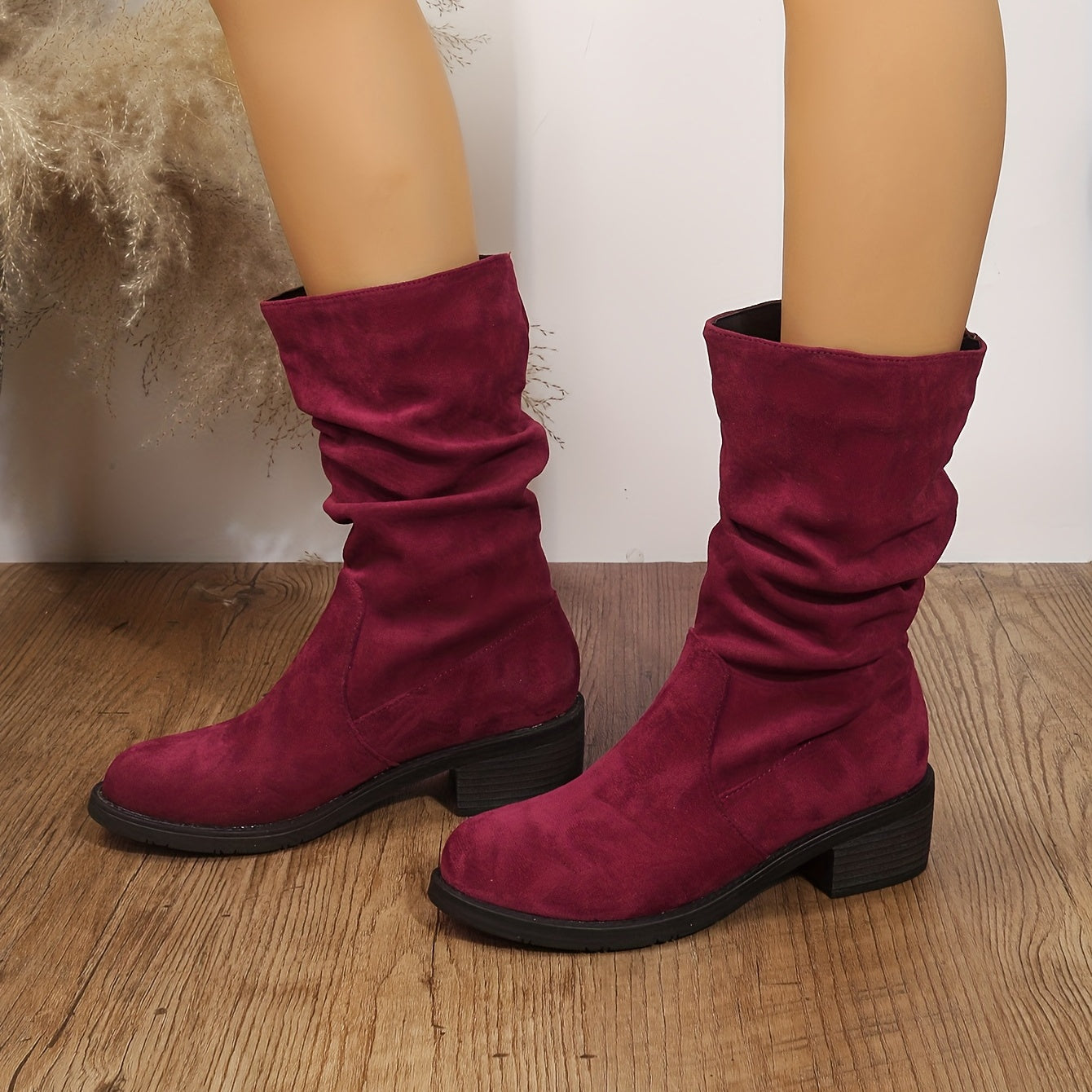 Mid Calf Retro Slouch Boots Low Heel Slip On Round Toe