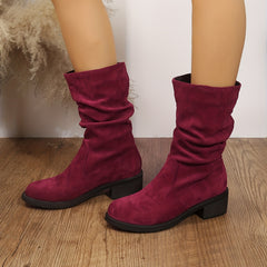 Mid Calf Retro Slouch Boots Low Heel Slip On Round Toe