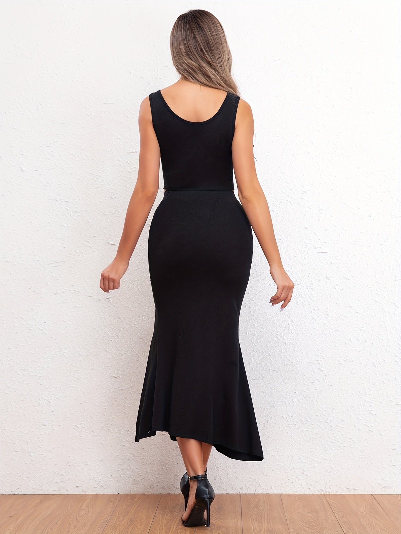 Solid Two Piece Set Tank Top & Split Thigh Skirts Outfit Women's Clothing