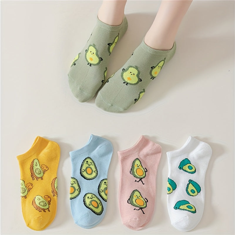 5 Pairs Avocado Print Ankle Socks Women's Stockings & Hosiery