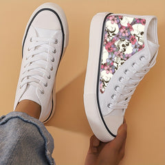 Skull & Flower Pattern High Top Skate Shoes Non Slip Lace Up Sneakers